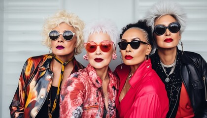 four old fashion ladies with sunglasses and make-up - obrazy, fototapety, plakaty