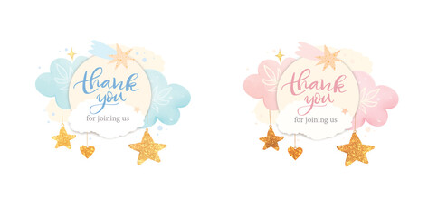 Cute watercolor thank you card, blue and pink color
