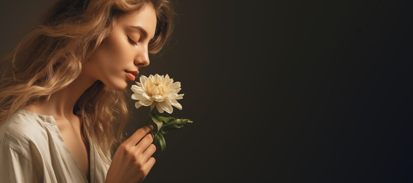 Young relaxed woman with flower bouquet  against simple dark background with copy space