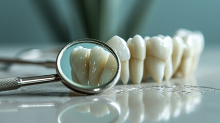 Fototapeta na wymiar A dental mirror reflecting a healthy tooth, set among a set of dental tools, highlighting professional dental care and diagnostics. 