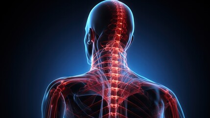 Digital medical illustration of a human spine glowing, emphasizing spinal health or potential back issues.