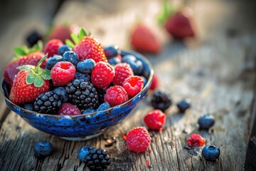 A bowl filled with fresh berries like strawberries, blueberries, sapberries and blackberries - Powered by Adobe