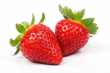 Close-up of vibrant red strawberries with detailed seeds, accompanied by fresh green leaves. These juicy and healthy fruits are perfect for summer desserts