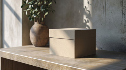 Cardboard craft rectangular box template for product branding packaging design. Blank container on table in minimal interior, creative package mockup.