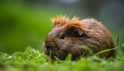 Fototapeta premium Cute guinea pig eating grass in the green meadow generated by AI