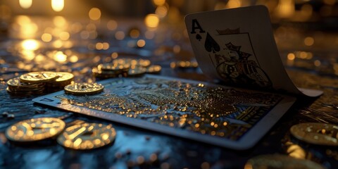 Virtual online casino concept, gaming, currency entertainment, gambling symbols, nightlife, deluxe symbol, betting chips playing cards, live poker digital entertainment, banner wallpaper background. - obrazy, fototapety, plakaty