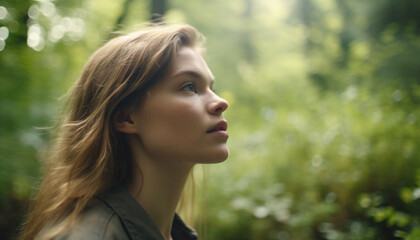 Naklejka premium One young woman in nature, looking away, beauty in summer generated by AI