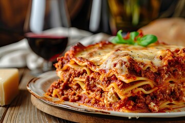 Homemade Lasagna, with Layers of Pasta, Rich Meat Sauce, and Melted Cheese, Delicious Italian Food - obrazy, fototapety, plakaty