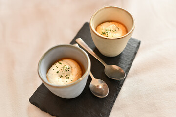 Shrimp mousse in a glass in a restaurant