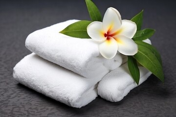 Fototapeta na wymiar Elegant spa setup with rolled white towels and fresh frangipani flowers on a textured gray marble background. Symbolizing relaxation, wellness. Perfect for spa and self-care themes
