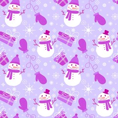 Cartoon winter ice seamless snowman and snowflakes pattern for Christmas packaging and new year