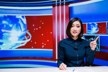 Asian tv host presenting daily news on live broadcast, discussing about latest events happening in...