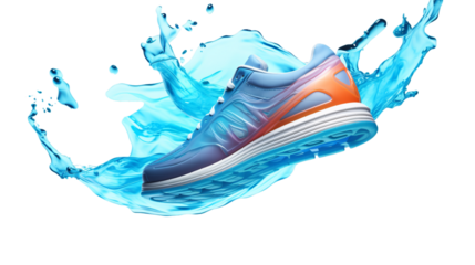 Abstract floating sports shoe graphic with water splash isolated background