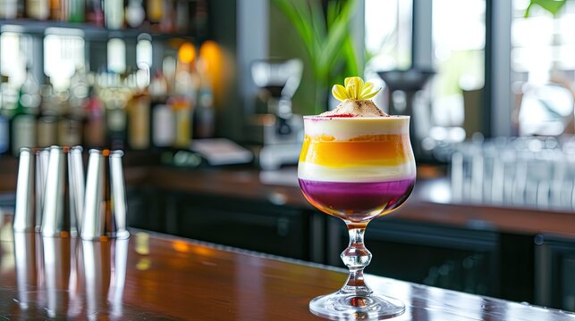 Layered Pousse Caf&eacute; Cocktail on Polished Bar Top