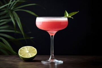 Cocktail in the bar. Raspberry cocktail with lime, romantic drink alcohol, red bar beverage