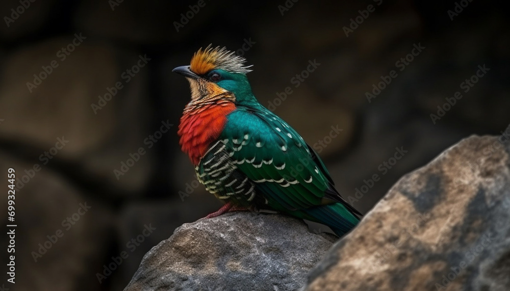 Poster a colorful bird perching on a branch in the forest generated by ai