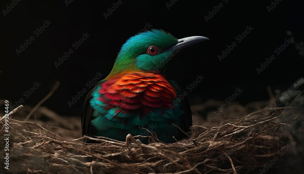 Poster a colorful bird perches on a branch in the forest generated by ai