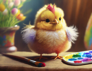 Cute chicken with paint brush and colors. Art and painting concept.