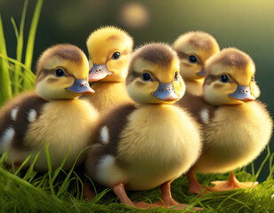 Group of ducklings on green grass, close up - obrazy, fototapety, plakaty