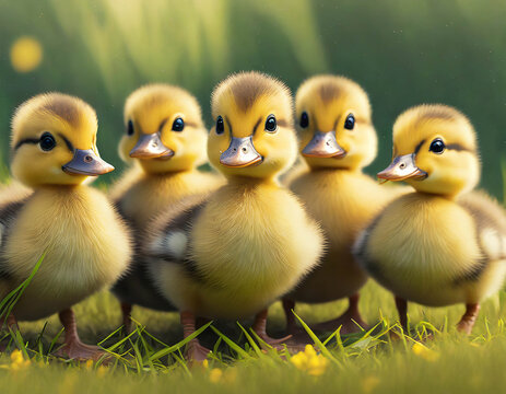 Cute little ducklings on green grass, close up