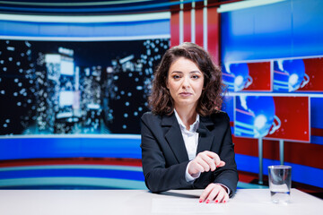 Woman presenter reading headlines live in newsroom, presenting live information and latest events worldwide. Newscaster on late night talk show reporting breaking news topics.