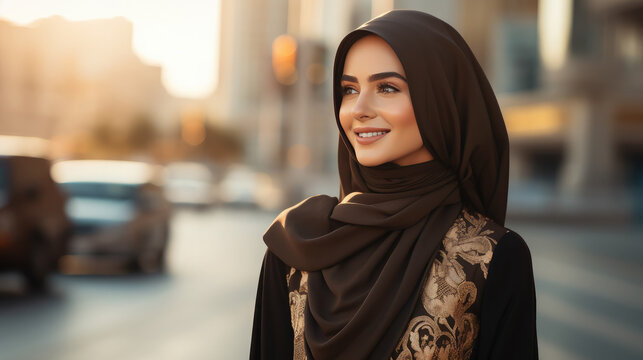 young beautiful muslim woman in black abaya dress, luxury stylish arabiс girl walking down the street in dubai, hijab, fashion, beauty, religion, middle east, lady, clothes, glamor, travel, smile