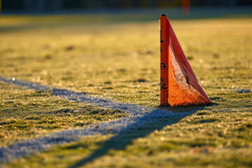 Corner flag close-up, a focused image highlighting the details of an empty football field's corner flag.