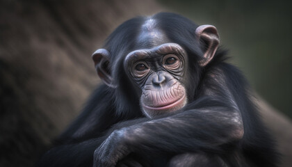Fototapeta premium Cute monkey sitting in the forest, staring with green eyes generated by AI