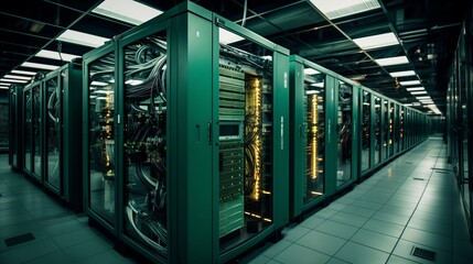Inside a High Tech Data Center. Multiple Rows of Active Server Racks Powering Telecommunication, Cloud Computing, Artificial Intelligence, and Supercomputing Technologies