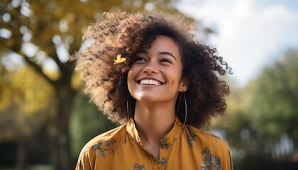 black young woman with curly brown hair, a radiant smile, looking upwards, in front of her a yellow butterfly in summer