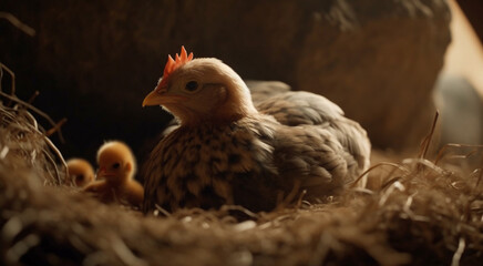 Fluffy yellow chicks hatch in a cozy chicken coop on a farm generated by AI