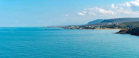 Unique aerial panoramic skyline view of Kokkini Hani summer vacation resort region cooastline...