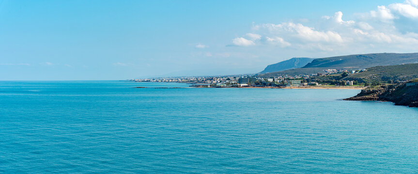 Unique aerial panoramic skyline view of Kokkini Hani summer vacation resort region cooastline seascape, Crete, Aegean Sea Greek Islands, Greece. Travel concept.