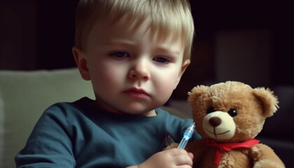 A cute blond toddler sitting indoors, holding a toy teddy bear generated by AI