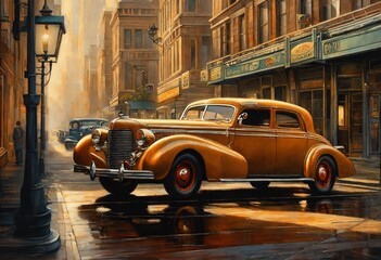 A painting of an old car on a city street, an art deco painting by terry redlin, featured on cgsociety, american scene painting, detailed painting, matte drawing, art deco