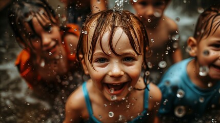 A group of children play with water and smile.