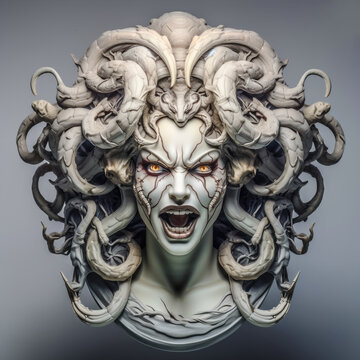 Sculpted Terror: A marble bust of Medusa, with a chilling expression and a crown of intricately carved snakes, captures her mythical fury in immortal stone