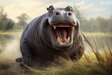 Cheerful smiling hippopotamus in water at dawn
