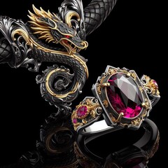 Beautiful elegant jewelry in the shape of a dragon with precious stones, rubies, sapphires, emeralds, ivory, gold and platinum generated by artificial intelligence