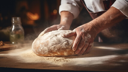 Fototapeta premium Baker’s Art - Kneading Dough in a Bakery Kitchen