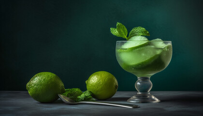 Fresh lime mojito, citrus cocktail with mint leaf and ice generated by AI