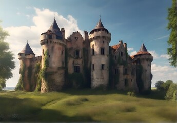 an old abandoned crumbling castle in the grass.