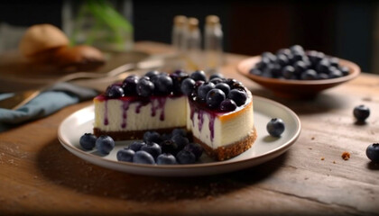 Homemade blueberry cheesecake on wooden table, a sweet indulgence   generated by AI