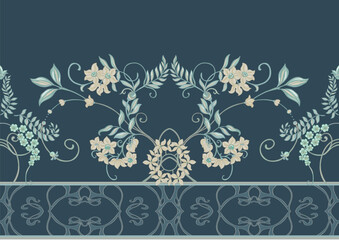 Fantasy flowers, decorative flowers and leaves in art nouveau style, vintage, old, retro style. Seamless border pattern, linear ornament, ribbon Vector illustration.