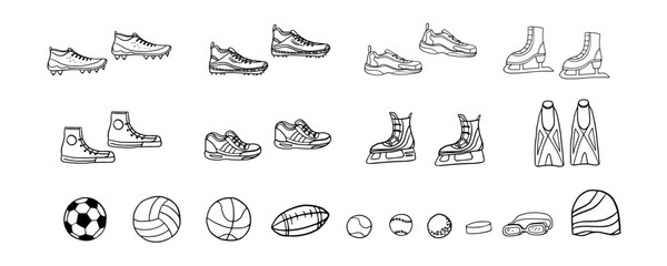 Set of sport  shoes and sport balls. Sports equipment. boots, sneakers, basketball, baseball, football, soccer, fitness, hokey, skates. Great for banners, posters, design elements. Hand drawn. Doodles