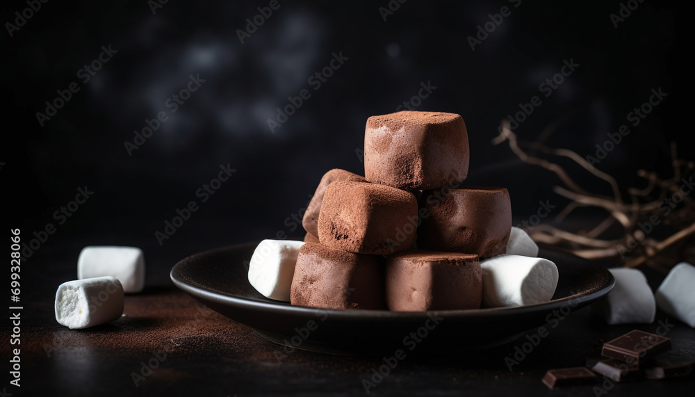 Poster a stack of dark chocolate fudge on a rustic wooden table generated by ai
