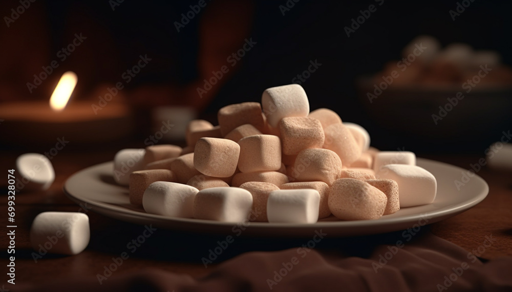Poster stack of fluffy marshmallows on a dark wooden table generated by ai