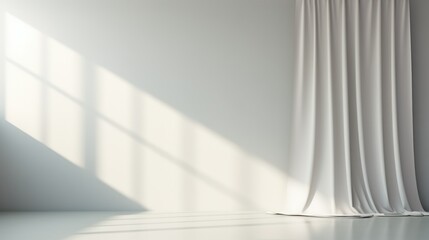 Sunlight creates geometric shadows near elegant white curtains.
