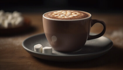 Coffee cup on table, close up of frothy cappuccino, heat and freshness   generated by AI
