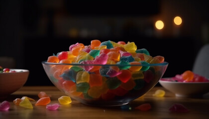 A colorful bowl of sweet candy brings back childhood joy   generated by AI